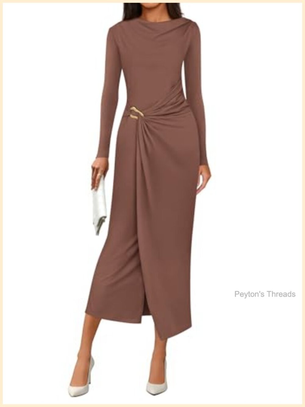 Cowl Neck Long Sleeve Bodycon Midi Dress Ruched Wrap Semi Formal